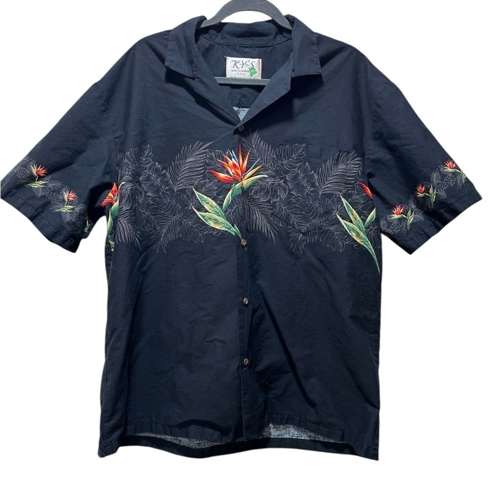 Ky's tropical birds of paradise black tiki Hawaiian shirt-XL